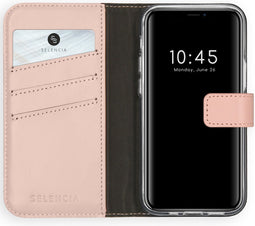 Selencia Hoesje Geschikt voor iPhone 12 Mini Hoesje Met Pasjeshouder - Selencia Echt Lederen Bookcase - Roze