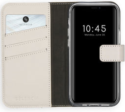 Selencia Hoesje Geschikt voor iPhone 12 Mini Hoesje Met Pasjeshouder - Selencia Echt Lederen Bookcase - Lichtgrijs