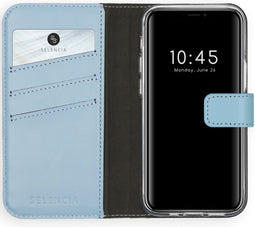 Selencia Hoesje Geschikt voor iPhone 12 Mini Hoesje Met Pasjeshouder - Selencia Echt Lederen Bookcase - Lichtblauw