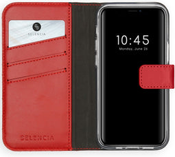 Selencia Hoesje Geschikt voor iPhone 12 Mini Hoesje Met Pasjeshouder - Selencia Echt Lederen Bookcase - Rood