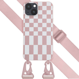 Selencia Hoesje Geschikt voor iPhone 14 Hoesje Met Koord - Selencia Siliconen design hoesje met afneembaar koord - Roze / Irregular Check Sand Pink