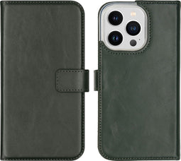 Selencia Hoesje Geschikt voor iPhone 14 Pro Hoesje Met Pasjeshouder - Selencia Echt Lederen Bookcase - Groen
