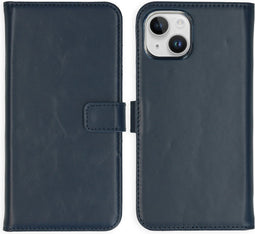 Selencia Hoesje Geschikt voor iPhone 15 Plus Hoesje Met Pasjeshouder - Selencia Echt Lederen Bookcase - Blauw
