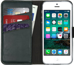 Selencia Hoesje Geschikt voor iPhone 5 / 5s / SE (2016) Hoesje Met Pasjeshouder - Selencia Echt Lederen Bookcase - Groen