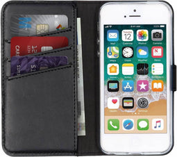 Selencia Hoesje Geschikt voor iPhone SE (2016) / 5 / 5s Hoesje Met Pasjeshouder - Selencia Echt Lederen Bookcase - Zwart