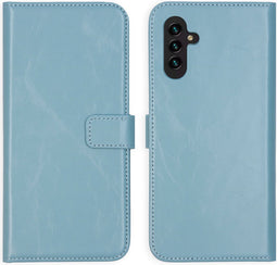 Selencia Hoesje Geschikt voor Samsung Galaxy A13 (5G) / A04s Hoesje Met Pasjeshouder - Selencia Echt Lederen Bookcase - lichtblauw