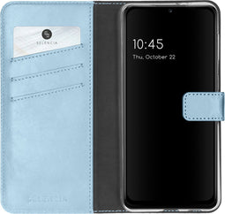 Selencia Hoesje Geschikt voor Samsung Galaxy A22 (5G) Hoesje Met Pasjeshouder - Selencia Echt Lederen Bookcase - Lichtblauw