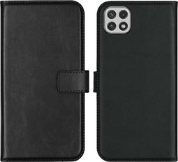 Selencia Hoesje Geschikt voor Samsung Galaxy A22 (5G) Hoesje Met Pasjeshouder - Selencia Echt Lederen Bookcase - Zwart