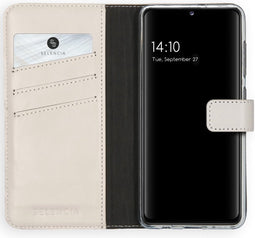 Selencia Hoesje Geschikt voor Samsung Galaxy A41 Hoesje Met Pasjeshouder - Selencia Echt Lederen Bookcase - Lichtgrijs