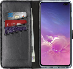 Selencia Hoesje Geschikt voor Samsung Galaxy S10 Plus Hoesje Met Pasjeshouder - Selencia Echt Lederen Bookcase - Zwart