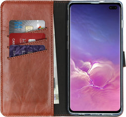 Selencia Hoesje Geschikt voor Samsung Galaxy S10 Plus Hoesje Met Pasjeshouder - Selencia Echt Lederen Bookcase - Lichtbruin