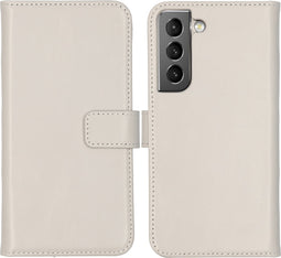 Selencia Hoesje Geschikt voor Samsung Galaxy S22 Hoesje Met Pasjeshouder - Selencia Echt Lederen Bookcase - lichtgrijs