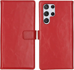 Selencia Hoesje Geschikt voor Samsung Galaxy S22 Ultra Hoesje Met Pasjeshouder - Selencia Echt Lederen Bookcase - Rood