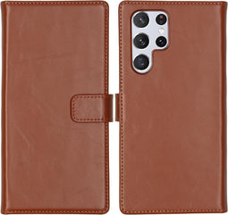 Selencia Hoesje Geschikt voor Samsung Galaxy S22 Ultra Hoesje Met Pasjeshouder - Selencia Echt Lederen Bookcase - Lichtbruin