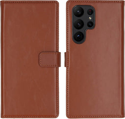 Selencia Hoesje Geschikt voor Samsung Galaxy S23 Ultra Hoesje Met Pasjeshouder - Selencia Echt Lederen Bookcase - Lichtbruin