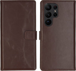 Selencia Hoesje Geschikt voor Samsung Galaxy S23 Ultra Hoesje Met Pasjeshouder - Selencia Echt Lederen Bookcase - Bruin