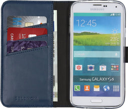 Selencia Hoesje Geschikt voor Samsung Galaxy S5 Plus / S5 Neo / S5 Hoesje Met Pasjeshouder - Selencia Echt Lederen Bookcase - Blauw