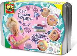 SES - 3 in 1 Glamour tattoos - zelf tatoeages maken - met 4 kleuren biologisch afbreekbare glitters, diamant steentjes en speciale huidlijm - knutselen meisjes