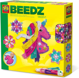 SES Beedz - Strijkkralen met legbord - grondplaat, 1400 strijkkralen en strijkvel - eenhoorn met manen - unicorn - met stickers en garen - PVC vrij