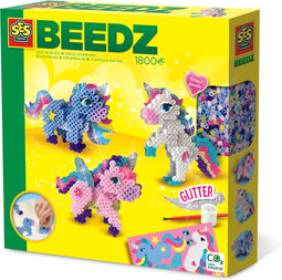 SES Beedz - Strijkkralen met legbord - grondplaat, 1800 strijkkralen en strijkvel - eenhoorns - unicorns - met lijm, penseel en glitters - PVC vrij