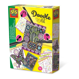 SES Creative SES Doodle Art Inkleur-Kaarten 12 Stuks + 3 Zwarte Stiften