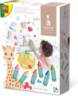 SES Creative - Sophie la girafe – Badkrijtjes met vormen - eindeloos speelplezier in bad - kleurrijke krijtjes – foam figuren – badspeelgoed – vanaf 24 maanden