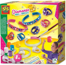 SES - Diamanzo ringen en armbanden - sieraden maken - armbandjes maken meisjes - 6 ringen en 2 armbanden - 380 diamonds en 84 parels - inclusief verf en penseel - knutselen meisjes