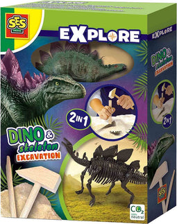 SES - Dino en skelet opgraven 2 in 1 - Stegosaurus - bikblok met skelet - complete set met houten hamer en beitel - Dinosaurus Speelgoed