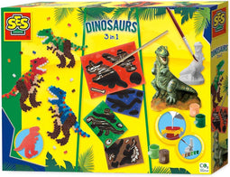SES - Dino's 3 in 1 - gieten, schilderen, strijkkralen en scratchen - met mal, houder, gips, verf, penseel, scratch stokje en grondplaat - knutselpakket - knutselen jongens - Dinosaurus Speelgoed