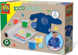 SES - Eco - vingerverf set met kliederschort - 100% recycled - 4 kleuren verf - inclusief papierrol - makkelijk uitwasbaar