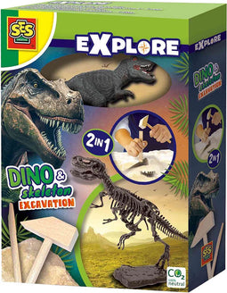 SES - Explore - Dino en skelet opgraven 2 in 1 - T-rex - bikblok met skelet - complete set met houten hamer en beitel - Dinosaurus Speelgoed