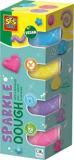 SES - Feel good klei - Sparkle (4x90gr) - vegan en glutenvrij - herbruikbare potjes - uitwasbaar - 4 kleuren glitter klei
