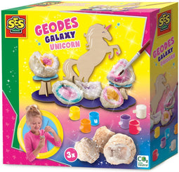 SES - Galaxy - Geodes unicorn - echte geodes - inclusief verf en penseel - met eenhoorn display van hout - knutselen meisjes