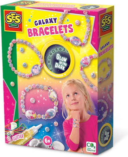 SES - Galaxy - Glow in the dark armbandjes maken meisjes- elastieken armbanden - bedelsieraden met glow in the dark kralen - knutselen meisjes