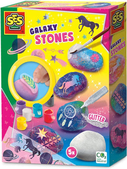 SES - Galaxy - Stenen schilderen - mooie witte stenen - heldere verf - inclusief spons, rub on plaatjes en penselen - knutselen meisjes