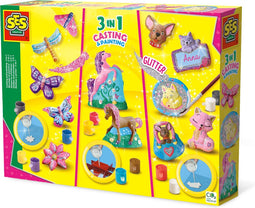 SES - Gieten en schilderen - 3 in 1 - fantasiepaarden, vlinders, honden en katten - sneldrogend - met gietmal, houder, vormpjes, gips, verf, penseel en glitterlijm - knutselen meisjes