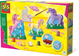 SES - Gieten en schilderen - 3 paarden - sneldrogend - met gietmal, houder, gips, verf, penseel en glitterlijm - knutselen meisjes