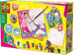 SES - Gieten en schilderen - Canvassen om te schilderen prinsessen 3x - gedetailleerde gietmal - 12 kleuren verf met penseel - knutselen meisjes