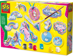SES - Gieten en schilderen - Eenhoorns - Unicorn Speelgoed - sneldrogend - Gips Gieten - vormpjes, gips, verf, penseel, glitterlijm, gladstrijkkam en satijnband - knutselen meisjes