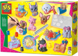 SES - Gieten en schilderen - Honden en katten - sneldrogend - met vormpjes, gips, verf, penseel en glitterslijm - knutselen meisjes