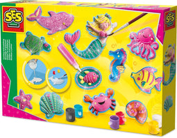 SES - Gieten en schilderen - Oceaanfiguren - sneldrogend - met vormpjes, gips, verf, penseel, gladstrijkkam en glitterlijm - knutselen meisjes