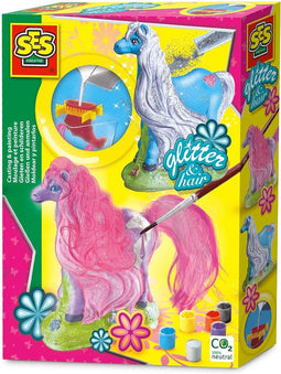 SES - Gieten en schilderen - Paard met manen - sneldrogend - met gietmal, houder, gips, verf, penseel en glitterlijm - knutselen meisjes