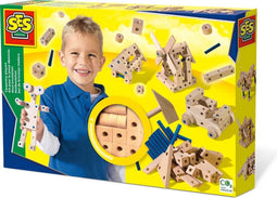 SES - Hout knutselset - Montessori speelgoed - verschillende houtvormen met verbindingspinnetjes en hamer - knutselen jongens
