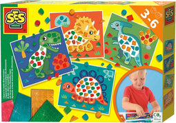 SES - Ik leer dino's mozaïeken - 4 grote dino kaarten met metallic mozaïek stickers - stimuleert motoriek - Dinosaurus