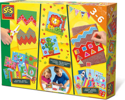 SES - Ik leer knippen, mozaïeken en prikken - 3-in-1 - knip set met veilige schaar, prik set en mozaïek set - knutselpakket - speelgoed 3 jaar
