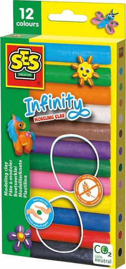 SES - Infinity boetseerklei - 12 kleuren was klei (180gr) - droogt niet uit - heldere kleuren - glutenvrij