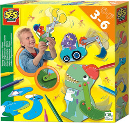 SES - Jonge ingenieurs - Dino's - bouw zelf 4 dino's en bouwvoertuigen - inclusief 6 viltstiften - Dinosaurus Speelgoed