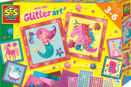 SES - Knoeivrije glitter kunst - 6 stickerkaarten met glimmend transferfolie, glitter stickers en glitter pompons
