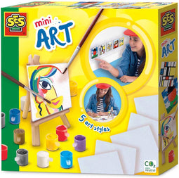 SES - Mini Art - 5 canvas doeken en mini houten schildersezel - inclusief 12 kleuren verf en 2 penselen - makkelijk uitwasbaar
