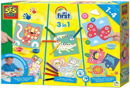 SES - My First - 3 in 1 - Vingerverven, kleuren en vormen plakken - met 4 kleuren vingerverf, 8 dikke potloden, vingerlijm, plakfiguren en knutselkaarten - makkelijk uitwasbaar